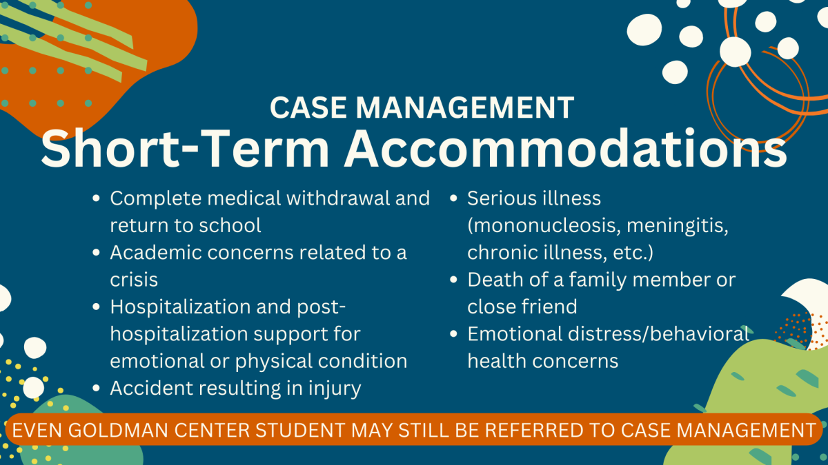 Examples of circumstances requiring accommodations through Case Management include, but are not limited to:  Complete medical withdrawal and return to school Academic concerns related to a crisis Hospitalization and post-hospitalization support for emotional or physical condition Accident resulting in injury Serious illness (mononucleosis, meningitis, chronic illness, etc.) Death of a family member or close friend Emotional distress/behavioral health concerns Even if you are already affiliated with the Goldman Center and receive accommodations through our office, you may still be connected to Case Management for some concerns. 